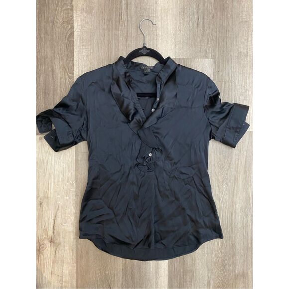 Theory Ebina Black Satin Silk/Spandex Ruffle Blouse Shirt, Sz Large, MP $295 - Picture 1 of 8